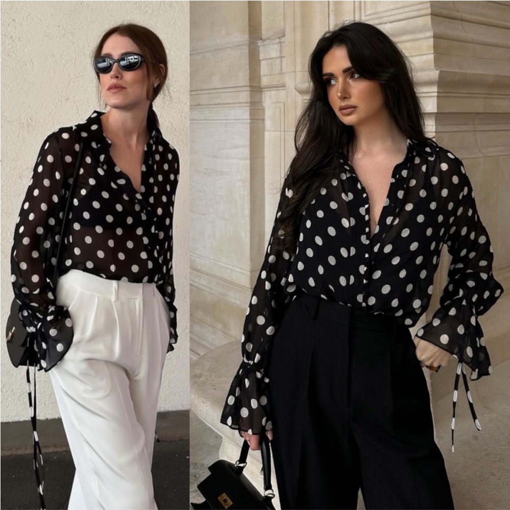 LilySilk Silk Shirt, Georgette Blouse Polka Dot Button-Down Black medium new NWT